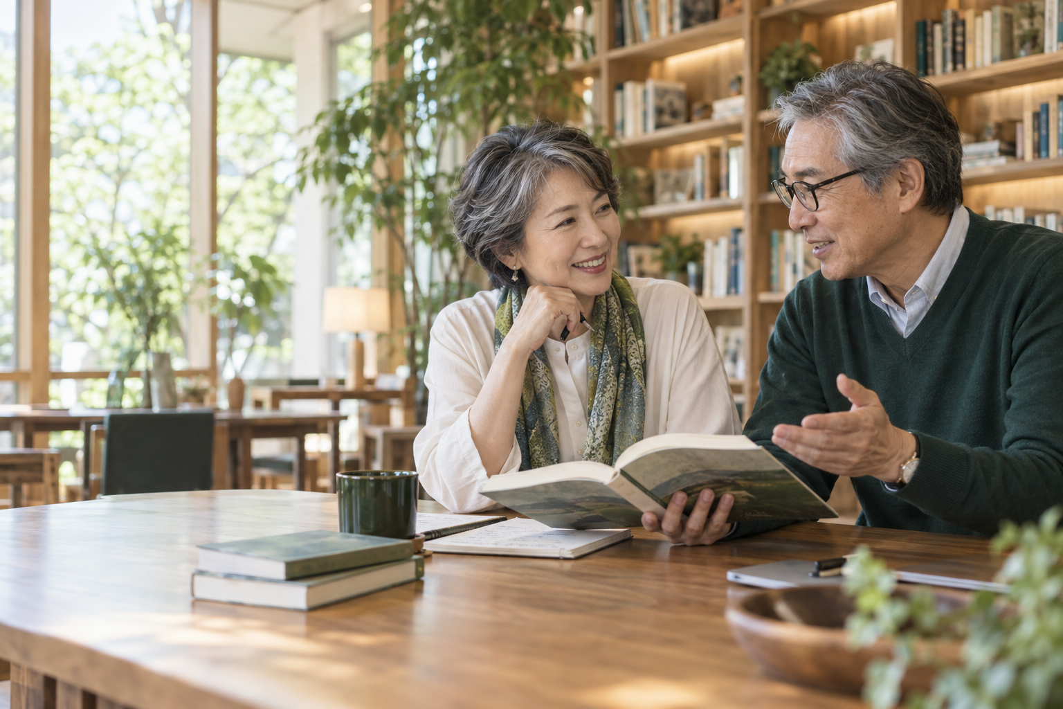 本とノートを囲み、学びと対話を楽しむ同世代の男女（イメージ）